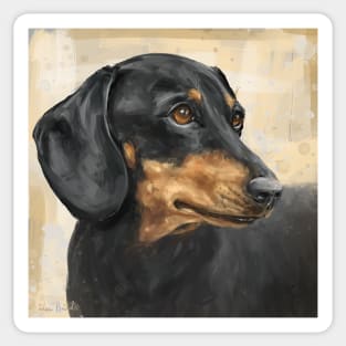 Painting of a Dachshund with Black and Gold Coat, on Beige Background Sticker